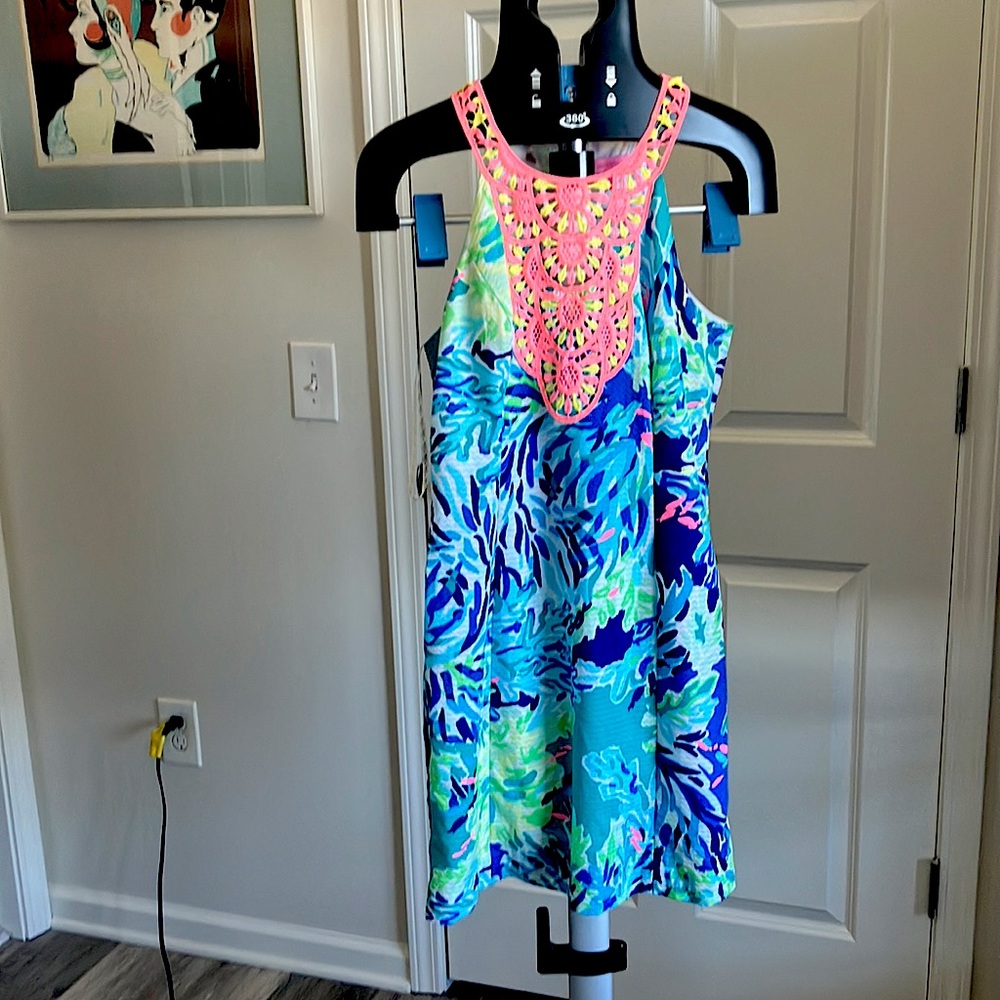 Lilly Pulitzer 4 pearl shift blue wade & sea dress lined crochet front M…